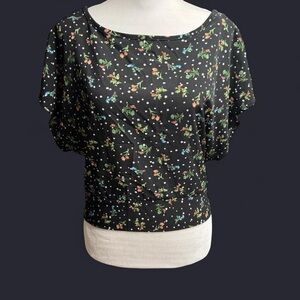 Klaxons Black Floral Button Tie Cropped Blouse Size Large